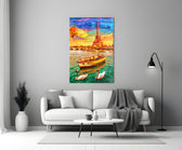 Eiffel and Boat close-up showing Paris Eiffel sunset with rowboat and swans on Seine