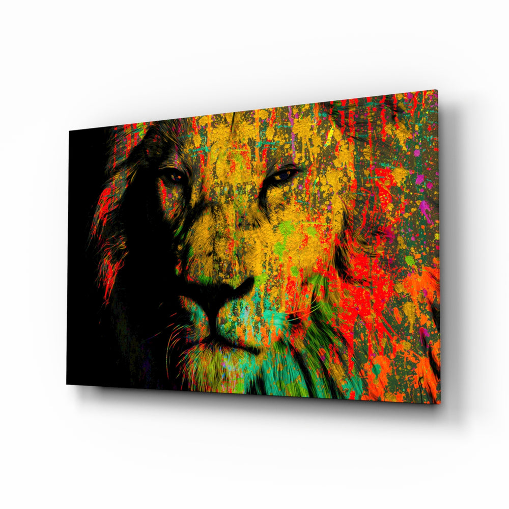 Eye of the Lion glass wall art displayed above a leather chesterfield in a brick-walled man cave with reclaimed-wood console and matte-black floor lamp