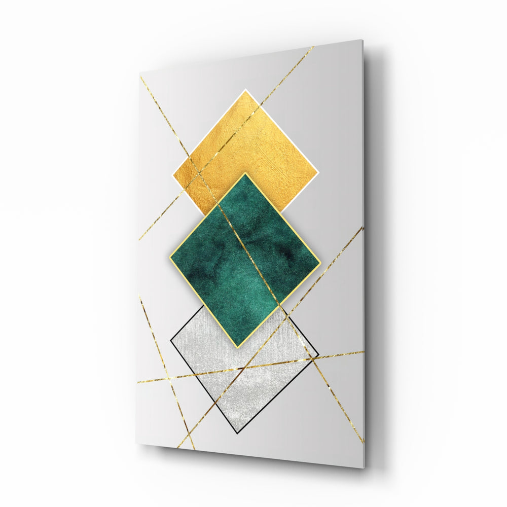 Squares glass wall art displayed above a walnut sideboard in a pearl-walled dining room with cane chairs and brass pendant lamp