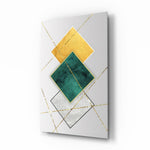 Squares glass wall art displayed above a walnut sideboard in a pearl-walled dining room with cane chairs and brass pendant lamp