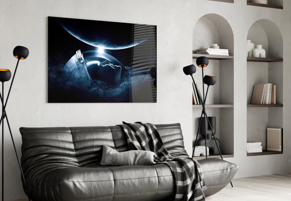 Astronauts Look glass wall art styled above a desk in a kids room