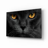 Cat glass wall art displayed above a charcoal velvet bed in a slate bedroom with brushed-brass sconces and onyx nightstands