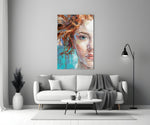 Woman close-up showing copper-haired woman in teal and amber brushstrokes