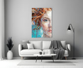 Woman close-up showing copper-haired woman in teal and amber brushstrokes