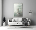 Loneliness close-up showing wooden sailboat with lone figure on misty sage water