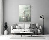 Loneliness close-up showing wooden sailboat with lone figure on misty sage water
