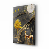 Golden Tree and Gazelles glass wall art displayed above a walnut sideboard in a slate-painted dining room with cane chairs and brass pendant lamp