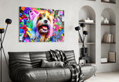 Happy Puppy glass wall art styled above a desk in a kids room
