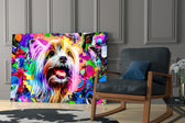 Happy Puppy glass print enhancing a gaming room with cinematic mood