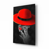 Scarlet Hat glass wall art displayed above a charcoal velvet bed in a slate bedroom with brushed-brass sconces and crimson velvet bench