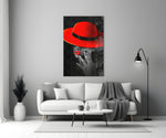 Scarlet Hat close-up showing woman in wide-brim red hat with crimson lips