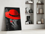 Scarlet Hat glass print enhancing a hallway with cinematic warmth