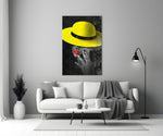 Yellow Hat close-up showing woman in wide-brim yellow hat with crimson lips