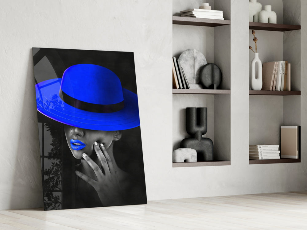 Blue Hat glass print enhancing a hallway with cinematic warmth