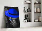Blue Hat glass print enhancing a hallway with cinematic warmth