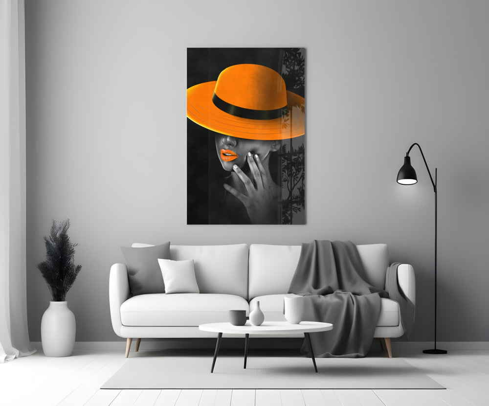 Orange Hat close-up showing woman in wide-brim tangerine hat with orange lips