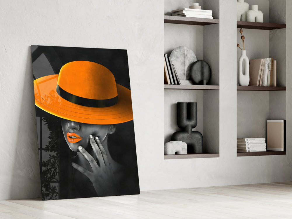 Orange Hat glass print enhancing a hallway with cinematic warmth