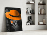 Orange Hat glass print enhancing a hallway with cinematic warmth