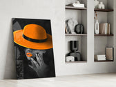 Orange Hat glass print enhancing a hallway with cinematic warmth