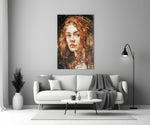 Woman close-up showing copper-haired woman in umber and amber brushstrokes