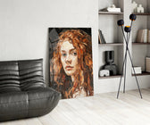 Woman panel adding editorial mood to a living room