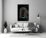 Dots Under the Rainbow close-up showing tall U-arch above three rust circles and teal half-disc