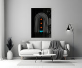 Dots Under the Rainbow close-up showing tall U-arch above three rust circles and teal half-disc