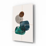 Dance of Earth Colors glass wall art displayed above a linen bed in a cream bedroom with rattan nightstands and brushed-brass sconces