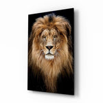 Lion glass wall art displayed beside a leather chesterfield in a slate-walled man cave with reclaimed-wood console and matte-black floor lamp