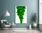 Green Layers glass wall art styled above a bed in a bedroom