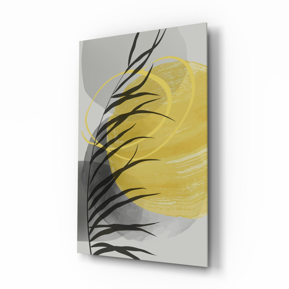 Autumn Yellow glass wall art displayed above a linen bed in a soft-cream bedroom with rattan nightstands and brushed-brass sconces