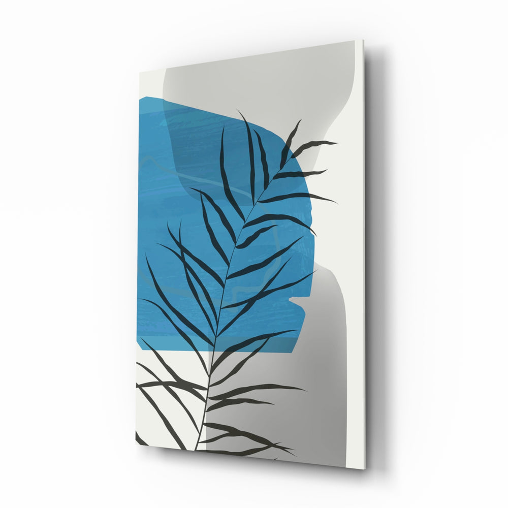 Autumn Blue glass wall art displayed above a linen bed in a soft-cream bedroom with rattan nightstands and brushed-brass sconces