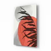 Autumn Red glass wall art displayed above a linen bed in a soft-cream bedroom with rattan nightstands and brushed-brass sconces