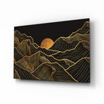 Moon and Mountains glass wall art displayed above a walnut sideboard in a slate-painted dining room with cane chairs and brass pendant lamp