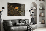 Moon and Mountains glass wall art styled above a sideboard in a dining room