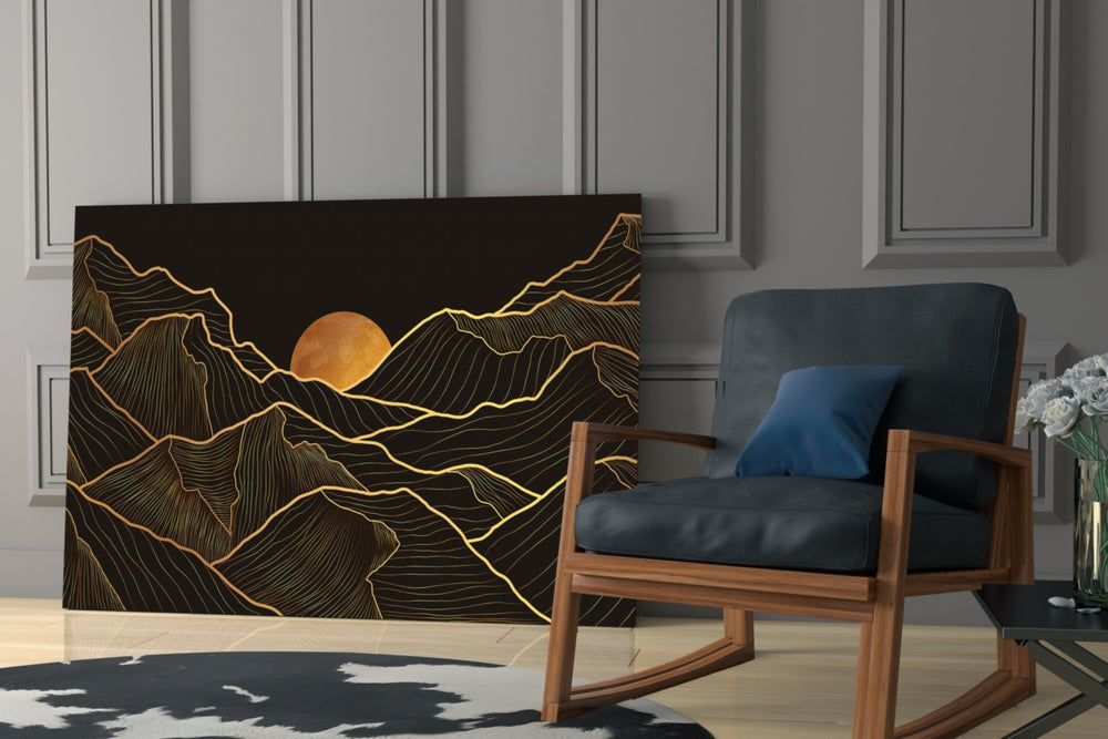 Moon and Mountains glass print enhancing a living room with cinematic warmth