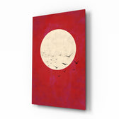 Fly from the Moon glass wall art displayed above a charcoal sofa in a crimson-painted lounge with reclaimed-wood console and matte-black floor lamp