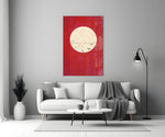 Fly from the Moon close-up showing flock of birds across cream moon on crimson