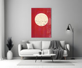 Fly from the Moon close-up showing flock of birds across cream moon on crimson