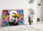 Eagle Eye close-up showing bald eagle profile amid neon splatter swirls