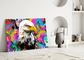 Eagle Eye close-up showing bald eagle profile amid neon splatter swirls