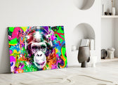 Monkey Face close-up showing headphone-wearing chimpanzee in neon splatter