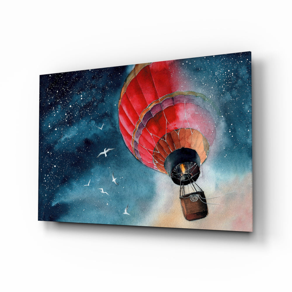 Baloon to the Moon glass wall art displayed above a linen bed in a midnight-blue kids room with rattan nightstands and brushed-brass sconces
