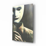 Mask the Sadness glass wall art displayed above a charcoal sofa in a pewter-walled hallway with reclaimed-wood console and matte-black floor lamp