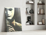 Mask the Sadness glass print enhancing an office with cinematic gravity