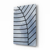 Lines of Leaf glass wall art displayed above a marble vanity in a slate-blue bathroom with brushed-brass faucet and stoneware tray