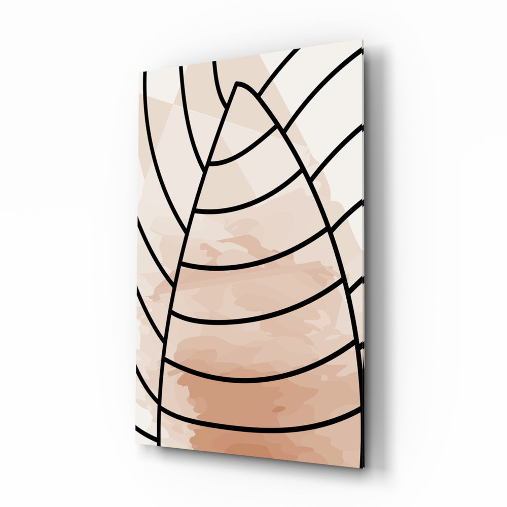 Lines of Leaf glass wall art displayed above a marble vanity in a blush bathroom with brushed-brass faucet and stoneware tray