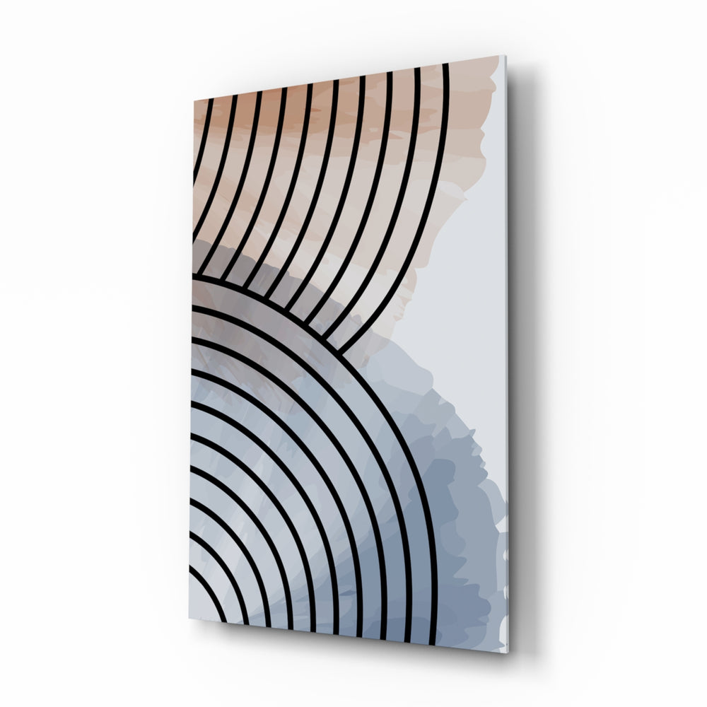 Lines of Waves glass wall art displayed above a marble vanity in a blush bathroom with brushed-brass faucet and stoneware tray