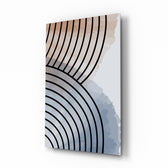 Lines of Waves glass wall art displayed above a marble vanity in a blush bathroom with brushed-brass faucet and stoneware tray