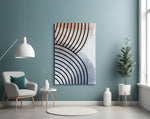 Lines of Waves glass wall art styled above a bed in a bedroom